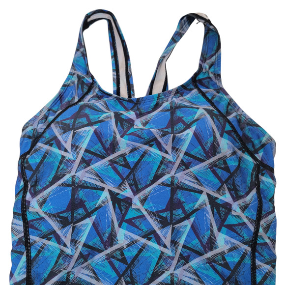 NWT Syrokan Racerback Swimsuit Blue Geometric 34E Athletic One Piece Training - Picture 2 of 12